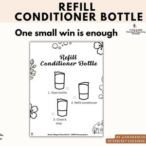 Rellenar la botella de acondicionador – Limpieza para personas con TDAH (imprimible) – Reinicio de bajo consumo energético – Tarea de pequeños logros – Ayuda para el reinicio del hogar