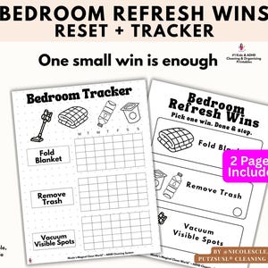 Könnte beinhalten: Zwei druckbare Seiten mit den Titeln Bedroom Refresh Wins und Bedroom Tracker. Die Blätter enthalten schwarz-weiße Strichzeichnungen für das Falten von Decken, das Entsorgen von Müll und Staubsaugen sowie Raster zur wöchentlichen Verfolgung.