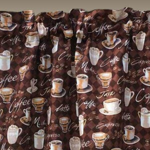 Coffee Cup Valance · Rich Brown Café Latte Espresso Print · Coffee Bar Kitchen Curtain · Mocha Breakfast Nook Dining Room Decor