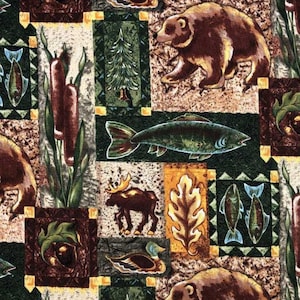 Bear Moose Valance · Northwoods Wildlife Patchwork Cabin Print · Rustic Lodge Curtain · Window Treatment
