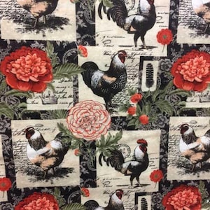 Chicken Rooster Valance – French Farmhouse Paisley Patch Curtain - Black Floral Country Kitchen Window Topper