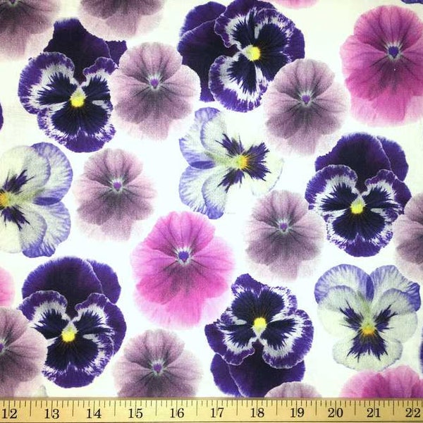 Purple Pansy Floral Fabric By the Yard / Half Yard Realistic Pansies Flowers Cotton Quilting Apparel Fabric t1/16