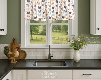 Farmhouse Kitchen Valance Handmade - Chicken Rooster Cottagecore Curtain - Country Cafe Cream Cotton Window Topper