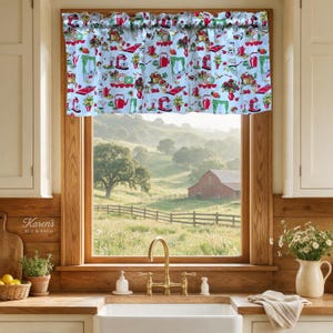Retro Kitchen Valance · Vintage 1950s Mixer Teakettle Print · Red Green Kitchen Curtain · Custom Window Treatment