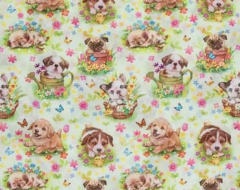 Cute Lovable Puppy Valance, Dogs Playing in Flower Garden Kitchen Curtain