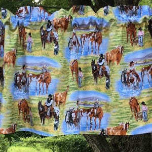 American Western Cowboy Valance – Retro Cowgirl Horse Scenic Rustic Country Farmhouse Kitchen Window Curtain Topper