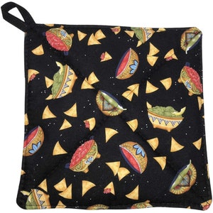 Southwestern Pot Holder, Stove Oven Chips Salsa Kitchen Pot Holder Mexican Tribal Food Black Farmhouse Hot Pad Quilted Potholder