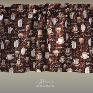 Coffee Cup Valance · Rich Brown Café Latte Espresso Print · Coffee Bar Kitchen Curtain · Mocha Breakfast Nook Dining Room Decor