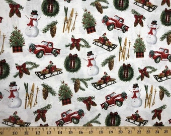 Christmas Fabric Winter Holiday Sled Ski Fabric Snowman Red Truck Panel Coordinate Fabric Pinecone Farm Wreath Xmas Cotton Fabric