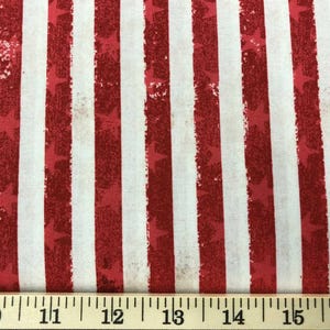 Red Striped Fabric Red and White Stripe Patriotic July 4th Tonal Star Cotton Calico Fabric w6/15