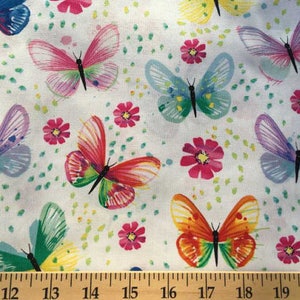 Rainbow Butterfly Floral Fabric Bright Watercolor Butterflies on  White Apparel Quilting Cotton Fabric a2/42