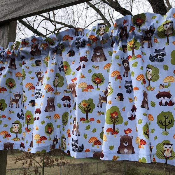 Woodland Baby Animal Valance, Teacher Classroom Decor, Fox Bear Owl Valance Forest Friends Hedgehog Raccoon Flowers Blue Nursery Curtain