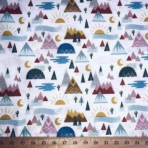 Boho Southwestern Fabric, Tribal Mountain Cacti Sun Moon Outdoor Adventure Fabric by the yard, Fat Quarter, Quilting, Apparel, 100% Cotton