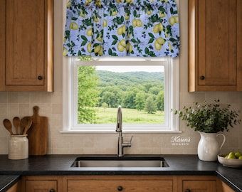 Lemon Blueberry Valance, White Kitchen Curtain, Botanical Fruit Window Valance, Handmade Rod Pocket, Yellow Lemon Decor