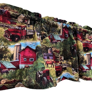 Tractor Cow Horse Valance Farm Life Red Barn Barnyard Animal Scenic Window Curtain Topper