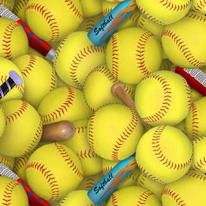 Softball Fabric Ball Bat Sports Fabric Women Lady Girl Softball Team Fabric Elizabeth Studio Quilt Cotton Fabric