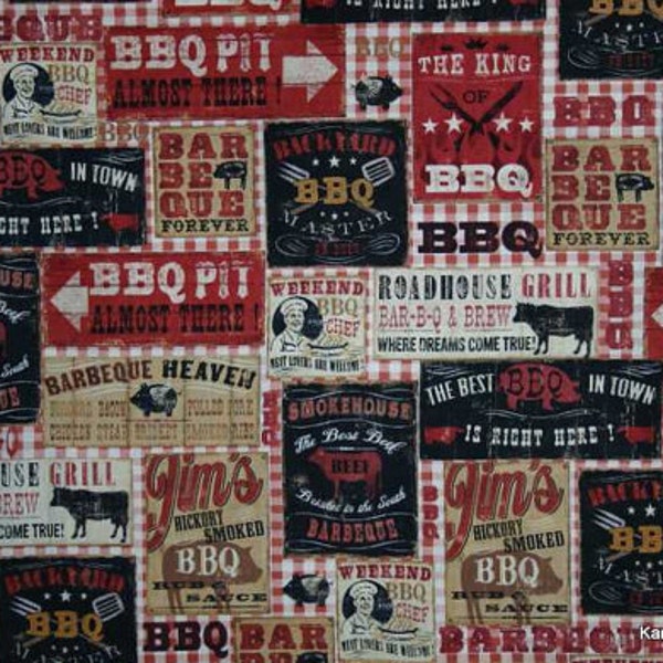 Barbecue Fabric BBQ Advertisements Fabric By the Yard or Half Yard Food Red & Black Apron Fabric Cookout Cotton Quilting Fabric w5/22