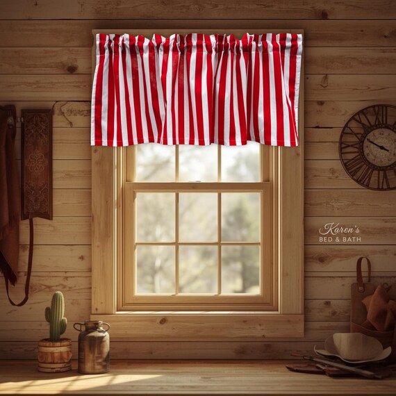 Handmade Country Red & Off-White Ticking Valance – Farmhouse Cotton Curtain