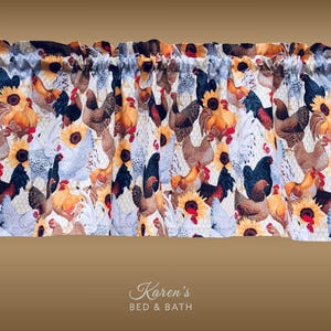 Farmhouse Chicken Valance – Rooster Toss Print Curtain Topper for Country Kitchen, Rustic Farmhouse, or Barnyard Window Décor