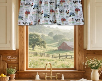 Country Farmhouse Valance Curtains, Rustic Dairy Farm Kitchen Curtains, Barn Animal Chicken Cow Pig, Cafe Curtain Tier Panel 24 36 Inch