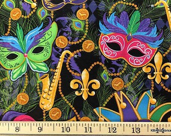 Mardi Gras Masks Maquerade Celebration Feather Cotton Fabric By Half / Yard t3/4