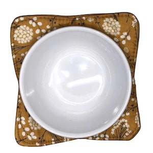 Woodland Floral Mustard Microwavable Bowl Cozy, Soup Bowl Cozy, Bowl Pot Holder, Hot Pad, Reversible
