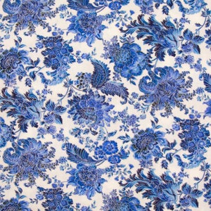 Blue & White  Elegant Paisley Fabric By the Yard Floral Silver Metallic Northcott Porcelain Blue Quest for a Cure Cotton Fabric t1/21