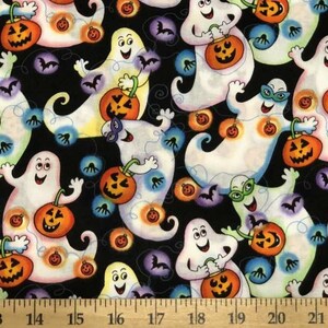 Halloween Fabric Ghost Fabric Trick or Treat Fabric Happy Ghosts Spooky Night Fun Ghost Fabric Black Cotton Apparel Quilting Fabric