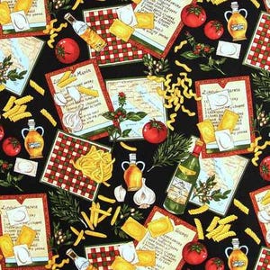 Tuscan Kitchen Valance – Italian Pasta & Tomato Print – Black Cooking Curtain – Olive Oil Garlic Herbs – 15” Window Topper