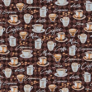Coffee Fabric Coffee Cups Mugs Fabric Cappuccino Espresso Latte Fabric Brown Cafe Apparel Quilting Cotton Fabric By Yard Half Yard t4/3