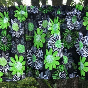Floral Tropical Green Valance – Gray & White Flowers on Black, Farmhouse Kitchen or Bath Window Curtain Topper