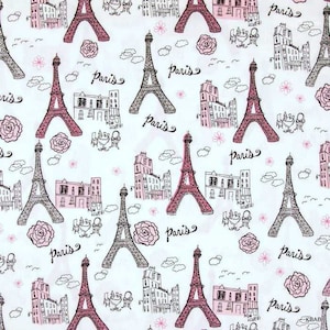 Paris Eiffel Tower Fabric – Pink & Gray Glitter White Cotton Quilting Fabric by the Yard or Half Yard, French Themed Craft Material t5/5