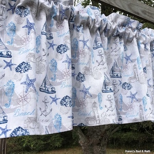 Anchor Valance · White Anchors Navy Blue Print · Coastal Beach House Kitchen Curtain · Custom Window Treatment