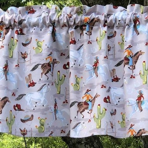 Cowboy Valance Western Rodeo Horse Cactus Hat Boots Cowgirl Taupe Southwestern Farmhouse Kitchen Bath Livingroom Den Bedroom Curtain Valance