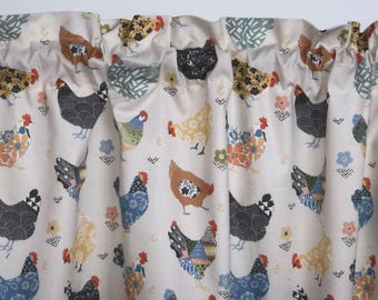 Boho Chicken Valance Curtains, Colorful Folk Art Hen Rooster Farmhouse Kitchen Decor, Cream Floral French Country Cafe Window Topper