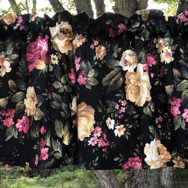 Elegant Floral Rose Black Valance Shabby Chic Cottage Roses Peony Flower Garden Romantic Bedroom Kitchen Bath Farmhouse Window Curtain