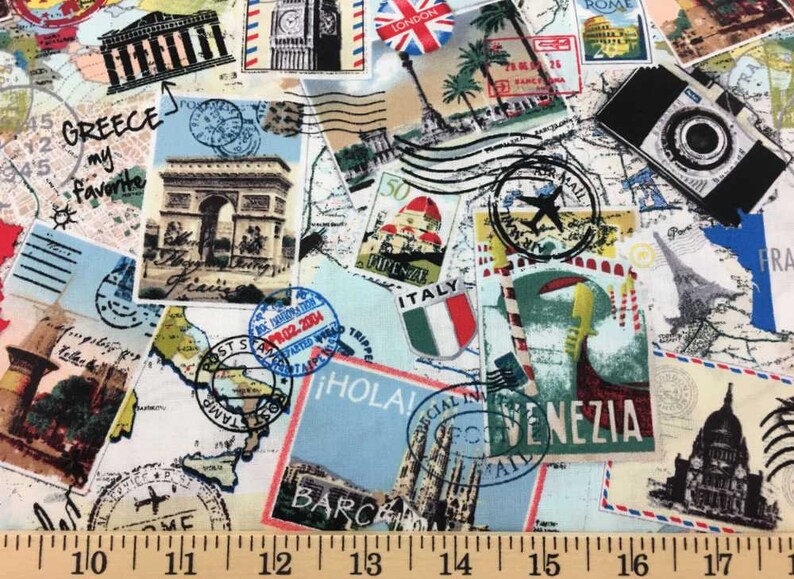 European Travel Collage Fabric Europe Collage Fabric World Etsy