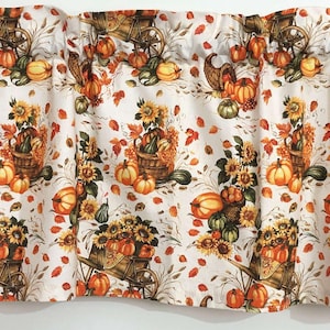 Autumn Harvest Toile Valance Wheelbarrow Cornucopias Horn Leaves Farmhouse Kitchen Window Curtain Topper