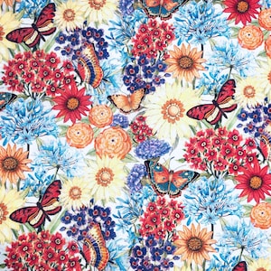 Butterfly Flower Garden Fabric – Rainbow Wildflowers & Butterflies | 100% Cotton Quilting Apparel Fabric by the Yard or Fat Quarter