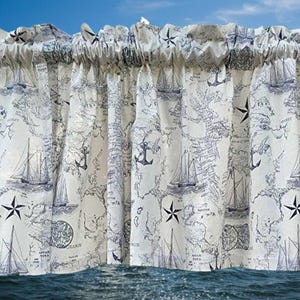 Nautical Coastal Valance Sailboat Water Ocean Map Boat Beach Decor Kitchen Bath White Window Curtain Topper t9/2