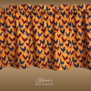Country Chicken Valance – Rooster Farmhouse Kitchen Curtain Topper, Rustic Country Window Treatment, Farm Decor