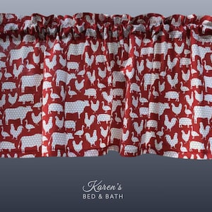 Farmhouse Animal Valance Rooster Cow Pig Duck Farm Barnyard Livestock Chicken Wire Red Kitchen Bath Livingroom Den Curtain Valance