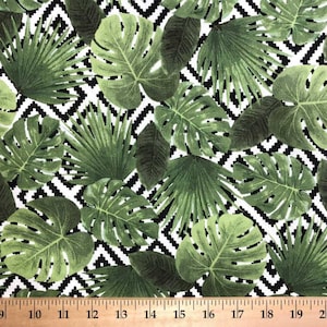 Tropical Green Leaf Fabric – Black & White Patterned Cotton Quilting Apparel Fabric by the Yard or Half Yard