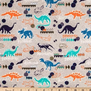 Dinosaur Names on Gray Cotton Fabric – T-Rex, Stegosaurus, Triceratops Dino Print for Boys – Quilting or Crafts by Yard or Half Yard
