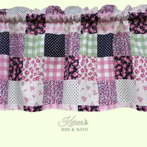 Patchwork Rose Valance · Pink Navy Gingham Floral Print · Shabby Chic Cottage Curtain · Custom Window Treatment
