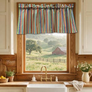 Stripe Valance · Multicolor Rainbow Curtain · Bold Colorful Stripe Print · Fiesta Kitchen Window Treatment · Kids Room Playroom Decor