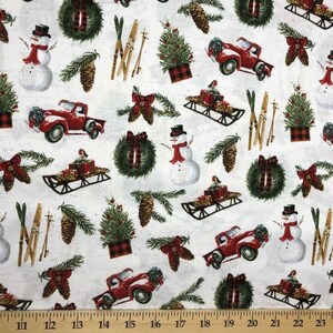 Christmas Fabric Winter Holiday Sled Ski Fabric Snowman Red Truck Panel Coordinate Fabric Pinecone Farm Wreath Xmas Cotton Fabric