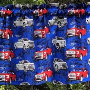 Cenefa de camión rojo: Vehículos de transporte para niños, cortina de algodón azul - Decoración del hogar - Cortinas