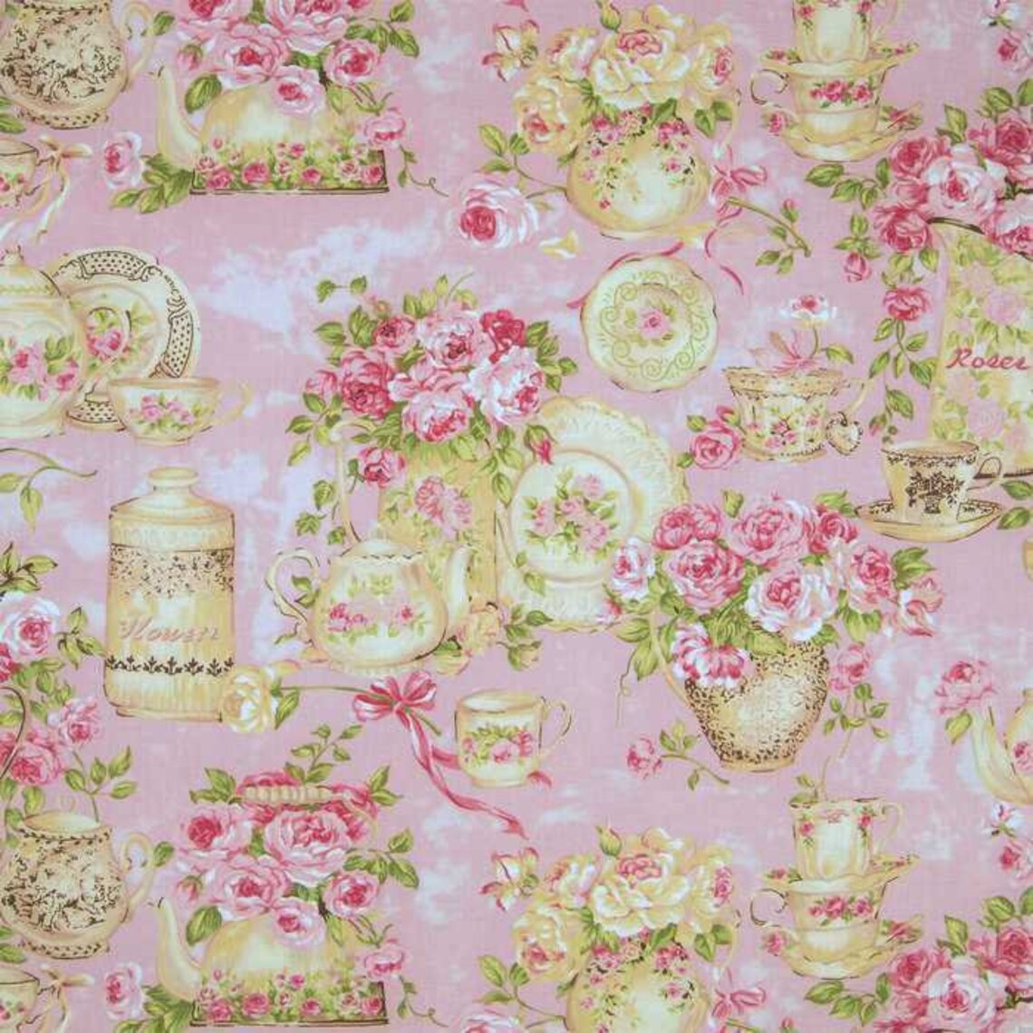 Pink Roses Fabric Tea For Two Fabric Northcott Floral Fabric Etsy