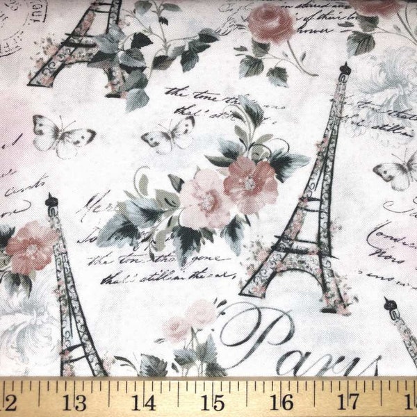 Paris Eiffel Tower Glitter Fabric Pink Floral Roses Fabric Butterfly Flowers Apparel Quilting Cotton Fabric
